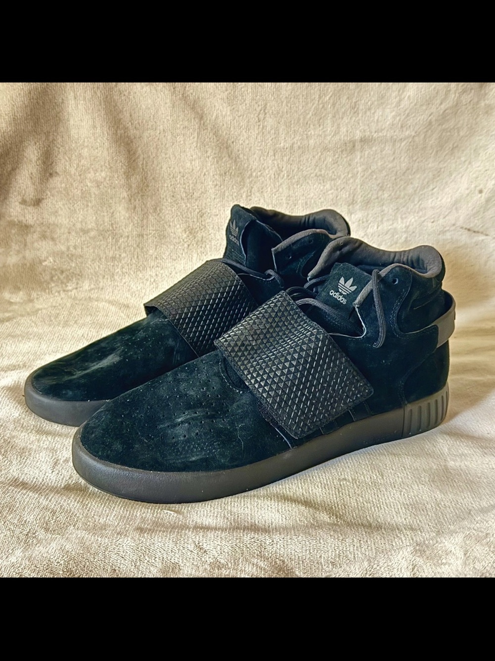 adidas Men’s Black Suede Tubular Invader High-Top Strap Sneakers size 12
